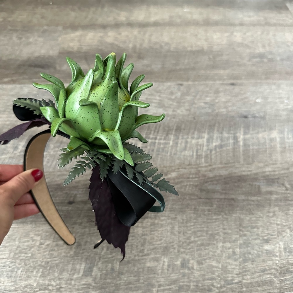 Handmade Designer Fascinator Headband Black Green Purple Thistle Artichoke Bow - Picture 16 of 16